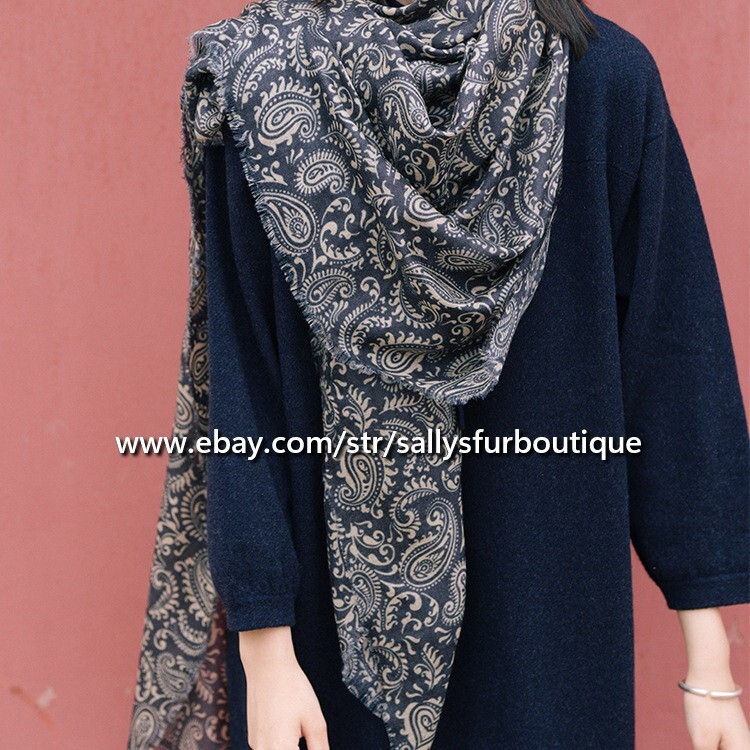 Sallys Mongolian Cashmere Ring Scarf Wrap Paisley Print Shawl Thin Soft 53