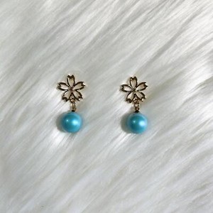 Authentic Blue Cherry Blossom Sakura Pearl Bead Gold Plated Stud Earrings Dangle Earring