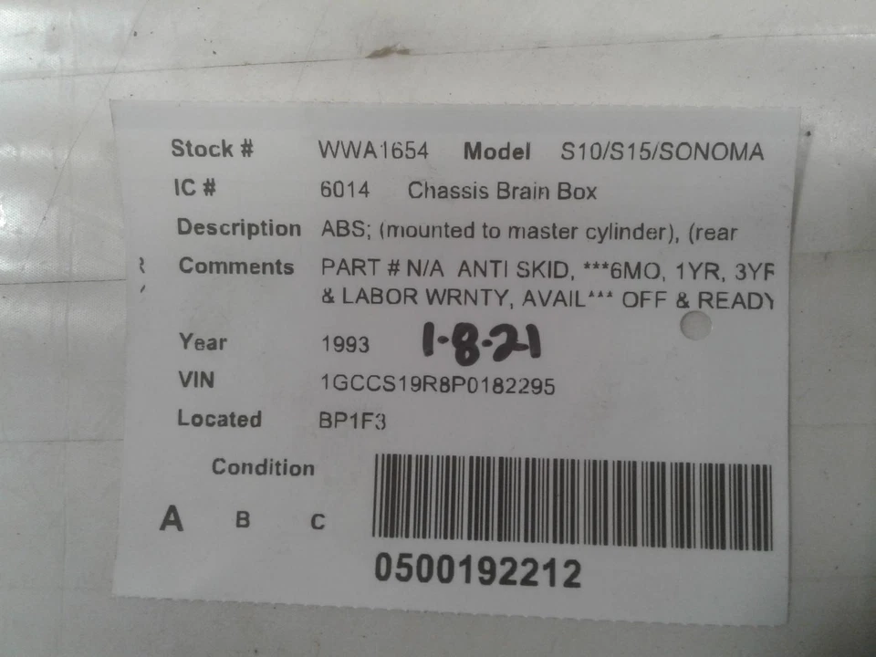 Used ABS Control Module fits: 1993 Chevrolet S10/s15/sonoma ABS LH firewall near - Image 3 of 4