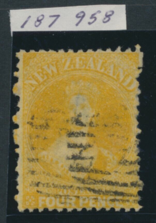 SG 120 New Zealand 1864-67. 4d yellow WMK large star, perf 12½. Fine used...