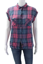 Rails Womens Pink Plaid Printed Cap Sleeve Buttoned Collared Blouse Blue Size M