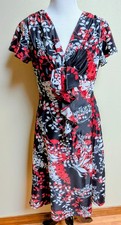 JBS Limited Size M Black Red Floral Wrap Dress V-Neck Ruffle Front Midi Satin Sh