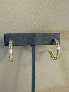 Authentic Sterling Silver Yellow Gold Plated Rainbow Moonstone Hoop Earrings 1” length