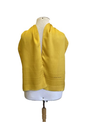 JEAN PATOU Paris Silk Scarf Golden Yellow Jacquard Damask Geometric Oblong #A43