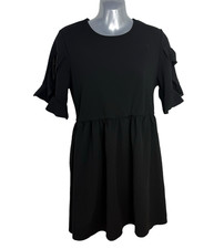 Boohoo Smocked Mini Dress Women’s UK Size 14 Short Bell Sleeve Round Neck Black