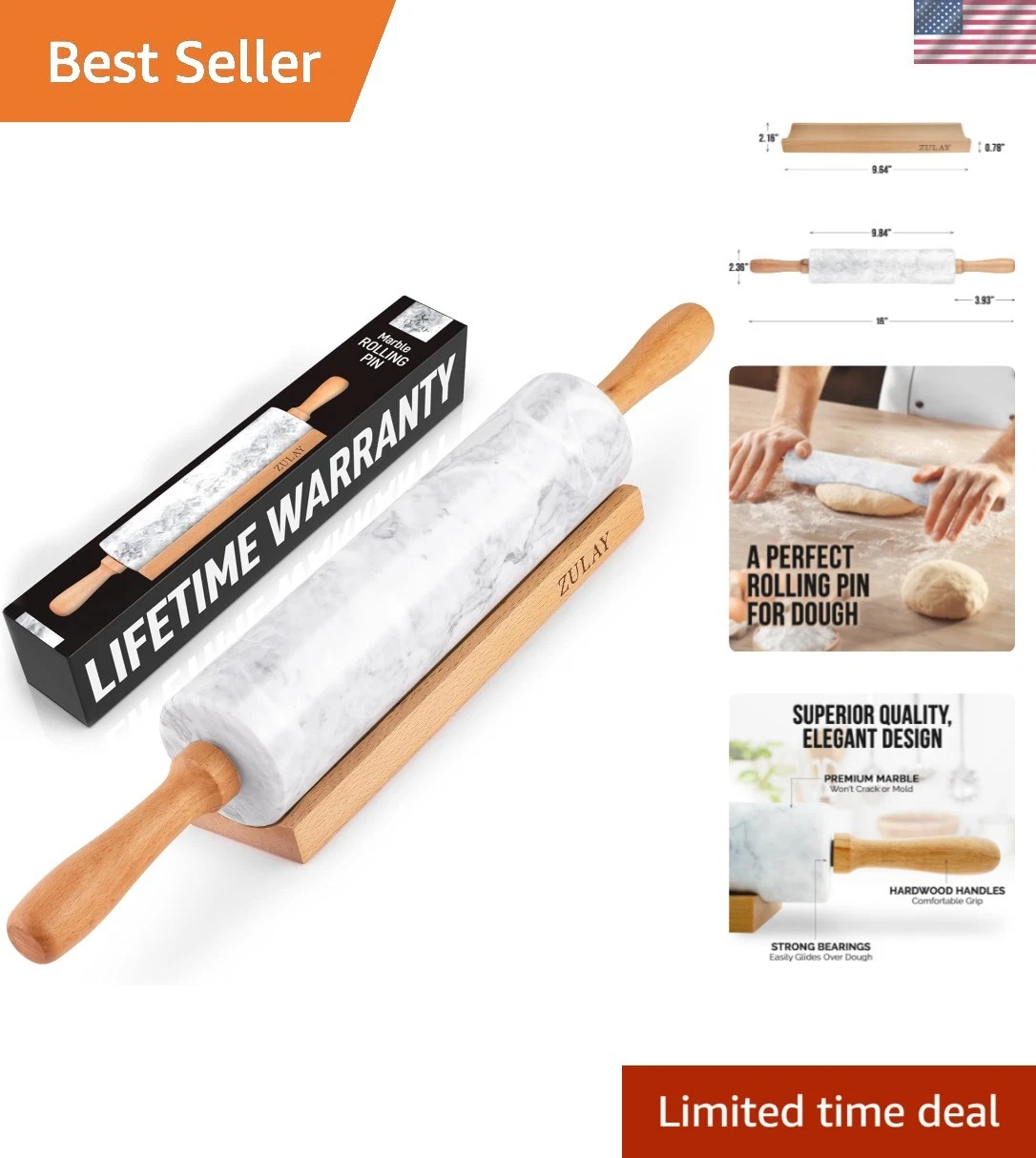 17-Inch Marble Rolling Pin With Stand - Polished Marble Rolling Pins For Baki...