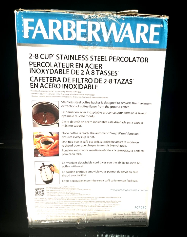 Farberware Percolador de Café Eléctrico Automático 8 Tazas, Cesta de Acero Inoxidable - Nuevo Foto 4 de 4