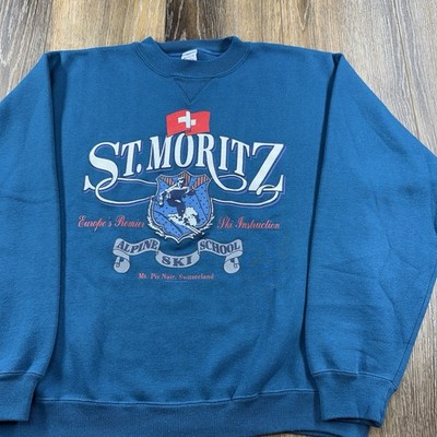 Vintage St Moritz Sweatshirt Mens XL Blue Switzerland Alpine Skiing 90s Sweater