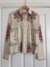 ZARA Embroidered Blouse S Ecru Cream Red Green Bohemian Western Festival RARE