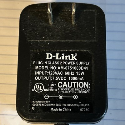 D-Link AM-0751000D41 Plug In Class 2 AC Power Supply Charger Adapter 7.5VDC