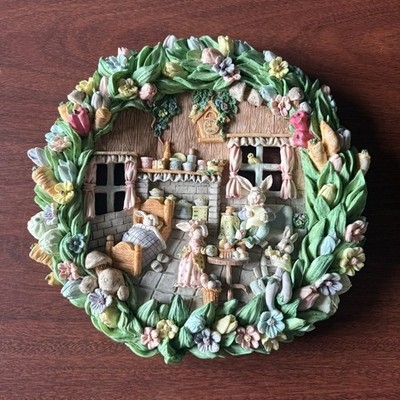 11 '' 1990's 3D Easter Bunny Rabbit Family Home Resin Wreath Wall Hanging Spring