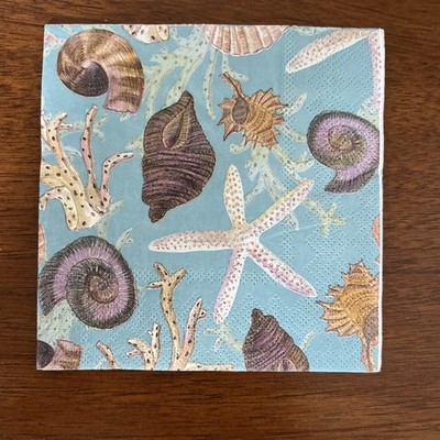 (2) TWO Decoupage Paper Cocktail Napkins Sea Treasures Shell Blue Coast 10 X 10 
