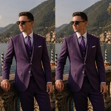 Purple Linen Men's Suits Summer Beach Wedding Tuxedo Outdoor Casual Three Pieces