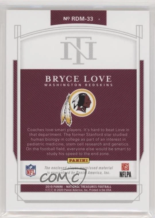 2019 Panini National Treasures Rookie Dual Materials /99 Bryce Love #RDM-33 RC - Image 2 of 2