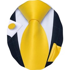 Mens Solid Tie Set Satin Necktie Hanky Cufflinks Set Party Wedding Yellow