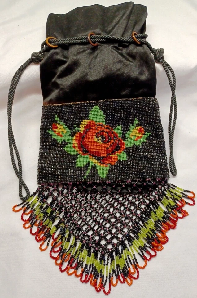 Bolsa antiga micro vidro 2 lados design frisado década de 1920 franjas espelho forro de seda - Imagem 2 de 4