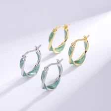 S925 Sterling Silver Twist Enamel Ribbon Click Top Hoop Pierced Earrings Box A28