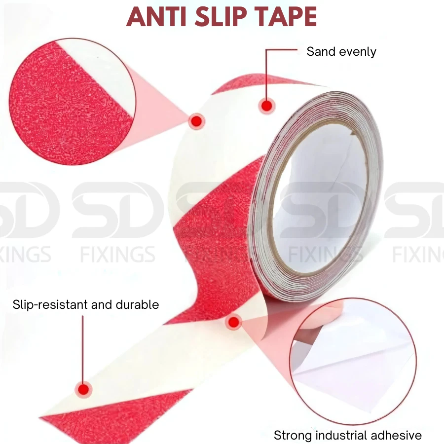 Heavy Duty RED and WHITE 50mm x 10M Anti Slip Hazard Tape, Caution Warning - Image 2 of 4