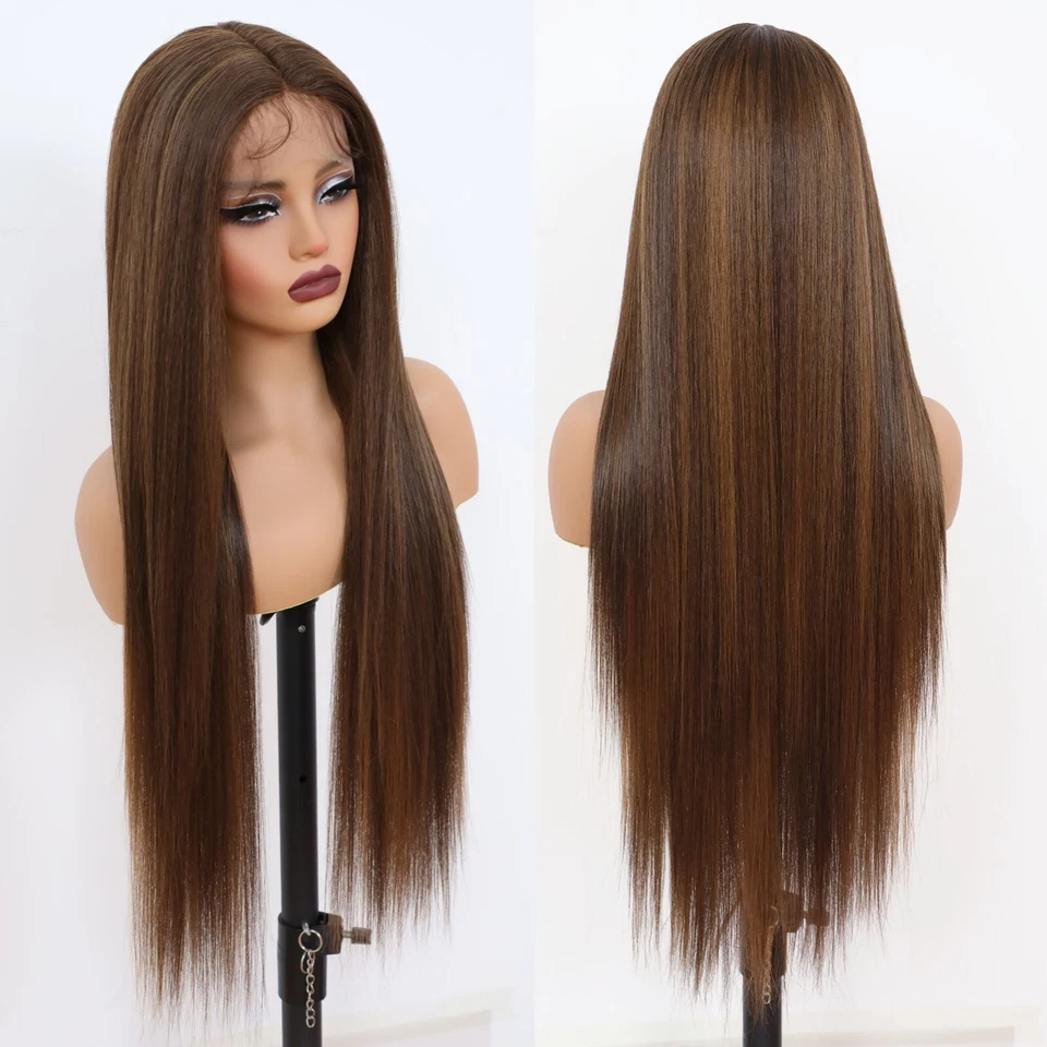 Synthetic Lace Front Wigs 32 Inch Long Straight Brown Blonde Highlights Women - Image 3 of 4
