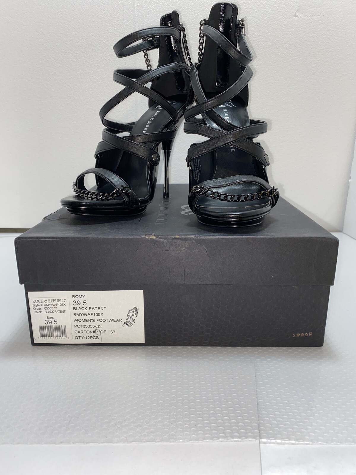 Rock & Republic Romy Black Patent Size 39.5/ 9.5 Strappy Stiletto Heels