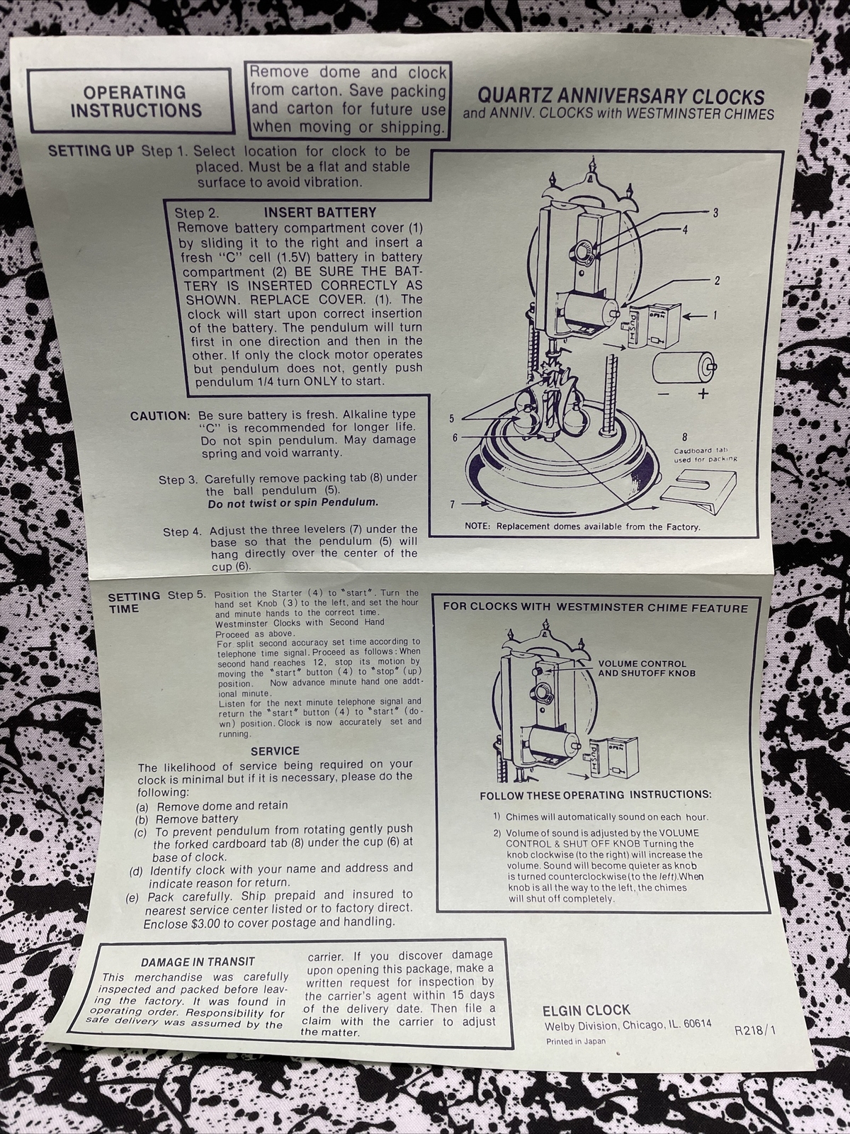 VTG Elgin Operating Instructions Quartz Anniversary Clock w