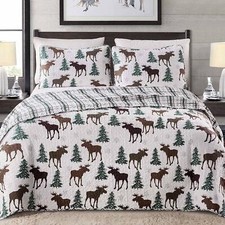 Green Brown Moose Tree Lodge Plaid 3 pc Quilt Set Twin Full Queen King Coverlet
