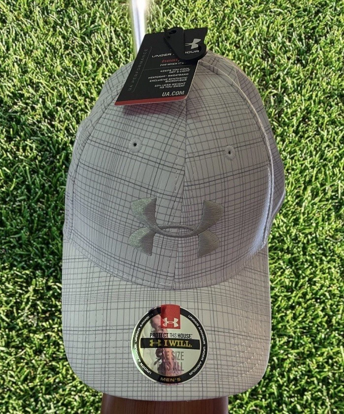 UNDER ARMOUR Men s White Grey Plaid Hat Adjustable OSFA Heat gear Golf