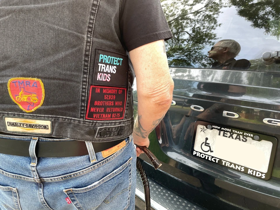 PROTECT TRANS KIDS  4x3" embroidered patch in Transgender Pride colors on black - Image 3 of 4