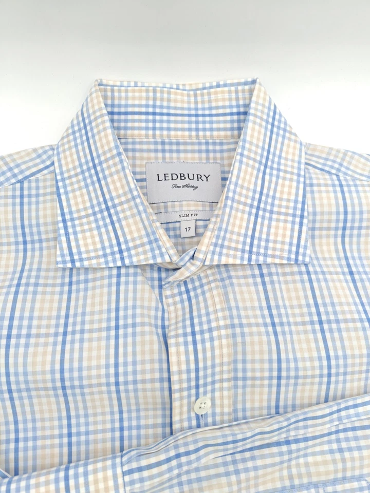 🇺🇲 Ledbury Men's 17x35 Slim Fit Cotton Dress Shirt Blue Cream Check - Image 3 of 4