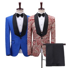 Mens 3 Piece Suit Brocade Shawl Lapel Jacket Vest Pants Groom Wedding Dress