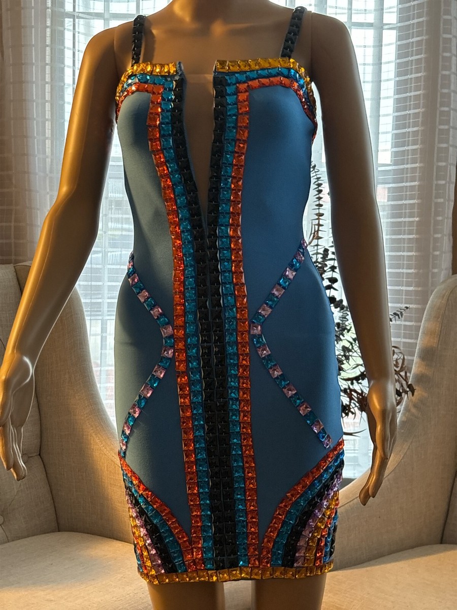 blue bandage mini dress with colorful stones . vacation party evening wear Size:US4 - Preorder breathable fabrics and is Bhldn Black Friday Wedding la vie en rose