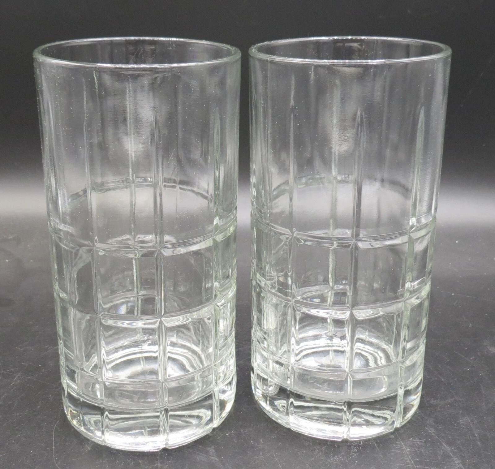 2 VTG Anchor Hocking Tartan Ice Tea Clear 16oz Glasses Mid Century modern EXC!