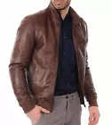 New Men Leather Jacket Real Soft Lambskin Leather Brown Bomber Biker Coat
