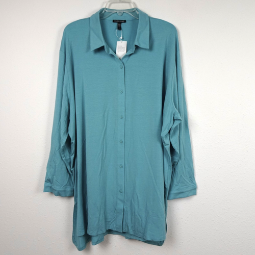 Eileen Fisher Long Sleeve Top Women's Plus Size 3X Blue Button Front Jersey