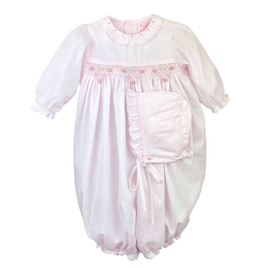 Petit Ami Pink Smocked Convertible Gown with Bonnet  Newborn