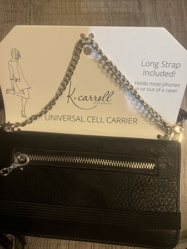 NWT K. Carroll Women's Cell Phone Carrier Long Strap, RFID, Black Vegan Leather - Picture 2 of 4