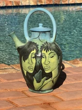 Wassi Art Jamaican Green Blue 15.5” Art Pitcher w Lid & Spout - Glossy & Matt