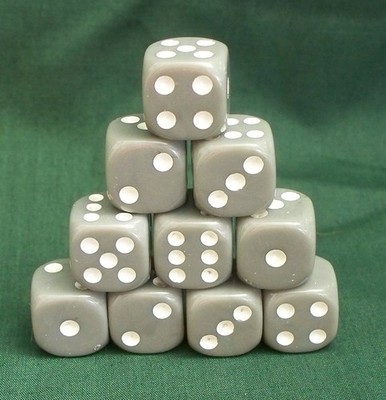 D6 DICE SET (10) 16MM- GRAY/ WHITE PIPS, WARHAMMER, DUNGEONS AND DRAGONS