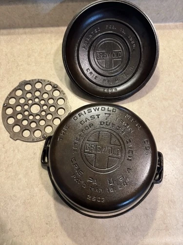 Griswold Cast Iron No. 7 Dutch Oven 2603 Lid 2604B Trivet 205 Erie