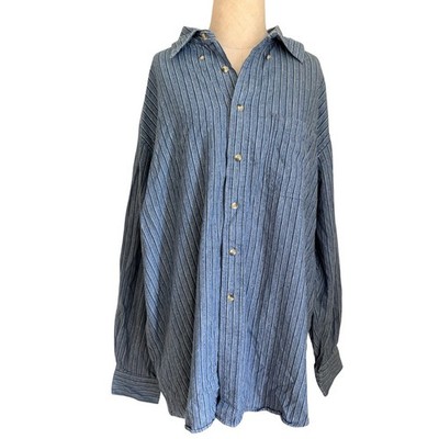 VTG 90s Trader Bay Mens Large Striped Blue Striped Button Up Cotton Shirt USA