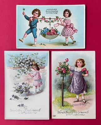 3 x Happy Birthday Postcard 1912/16 Children with Flowers (168501