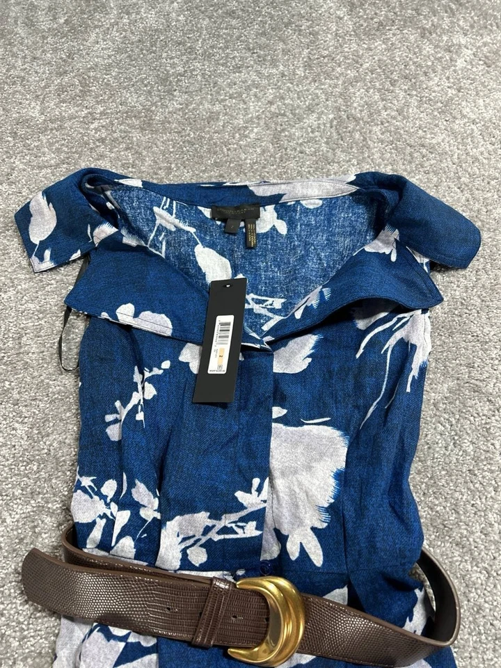 Vestido Donna Karan Mujer 2 Azul Blanco Floral Cinturón Mezcla Lino Blusa Nuevo Foto 2 de 4