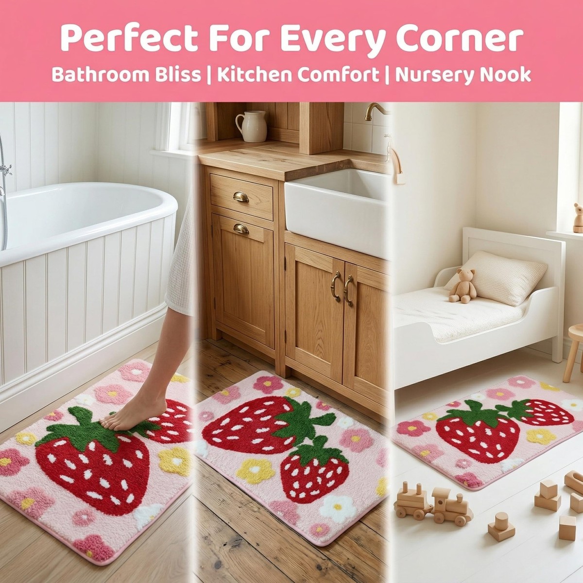Cute Strawberry Flower Bath Mat Pink Bathroom Rug Non Slip