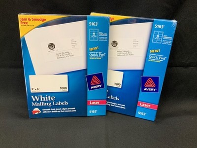 (2pks) 1000 Labels Avery 5163 Shipping Labels 2'' x 4'' White Laser - NIB