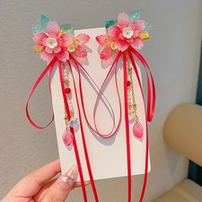 Chinese Hanfu Flower Hair Clips with Long Tassel Red Pink Flower Traditional ...