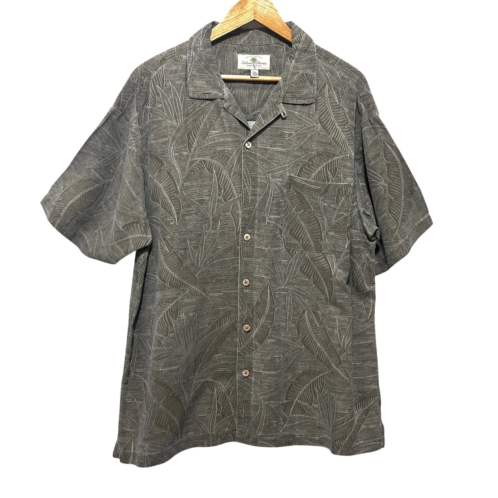 Island Shores Mens XXL Brown Washable Silk Button Down Shirt Tropical Palm Leaf