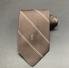 Vintage Yves Saint Laurent YSL Brown Silk Tie w/ Embroidered Logo  Designer
