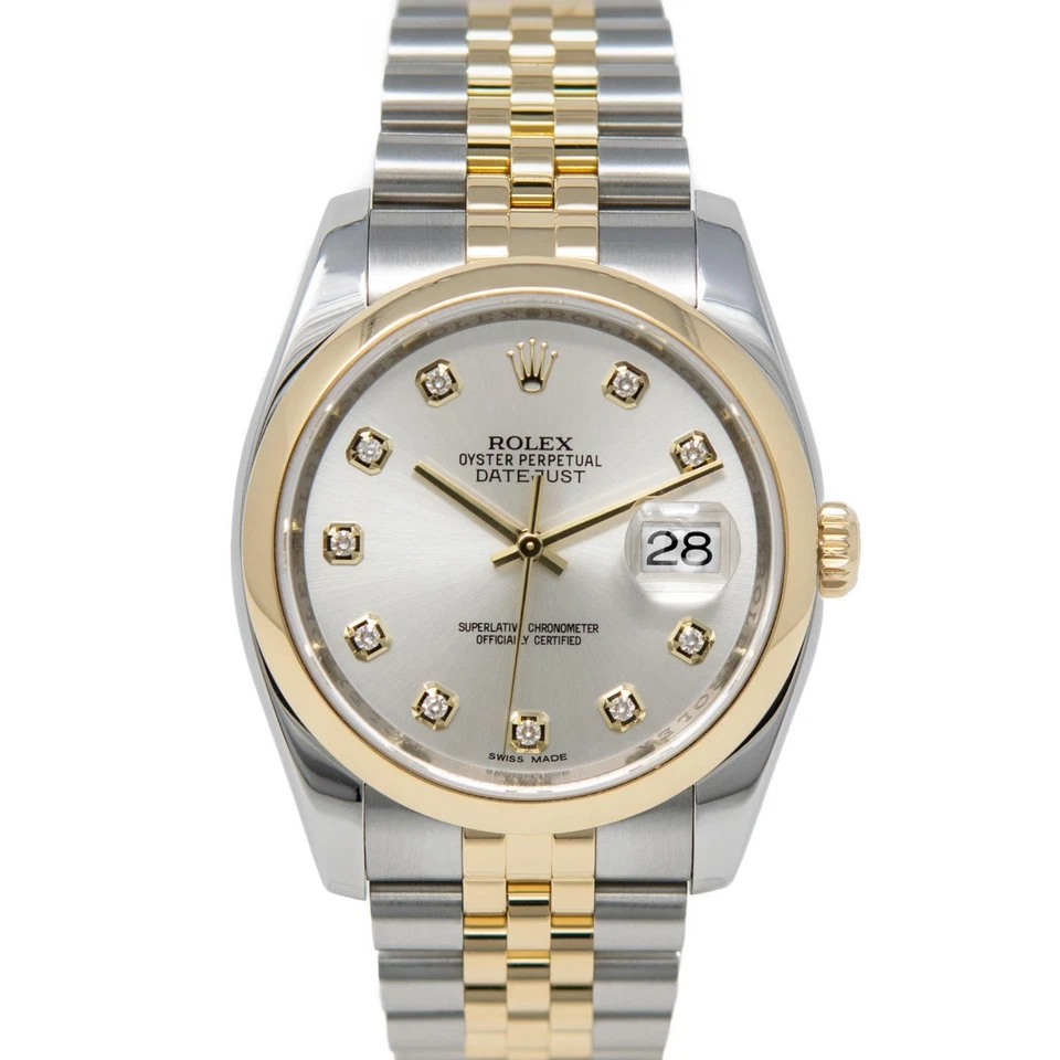 Rolex Datejust 36 116203, acero y oro, esfera de diamantes plateados, pulsera Jubilee...