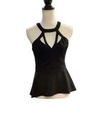 Bebe Peplum Halter Neck Black Top Womens Size M