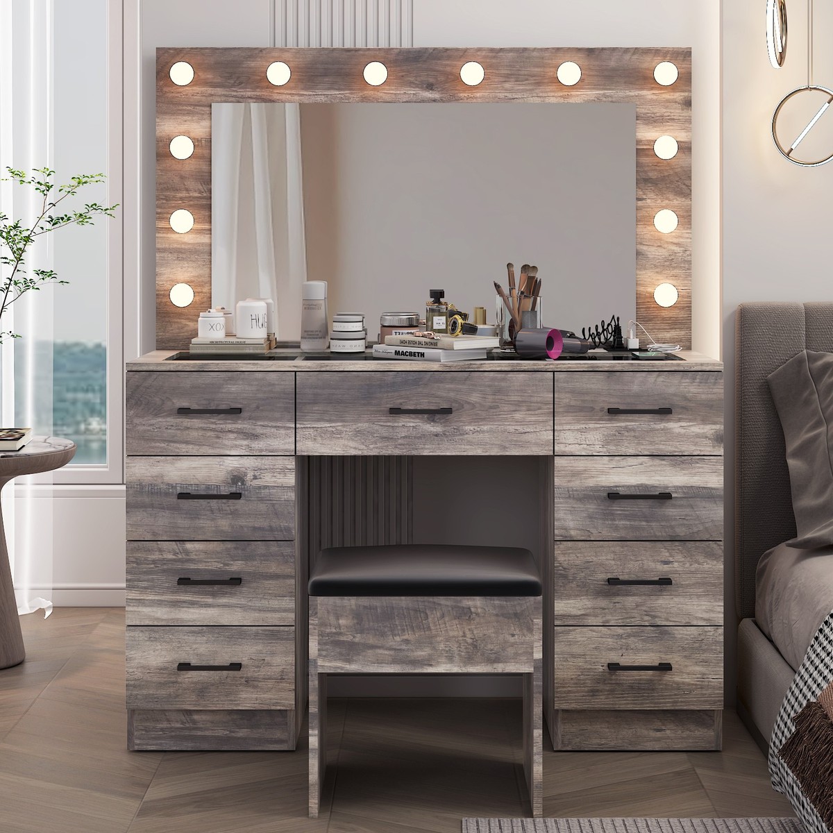 お値下げCOSMETICテーブル Vanity Makeup Table Set with Large Mirror Glass Tabletop Cabinet